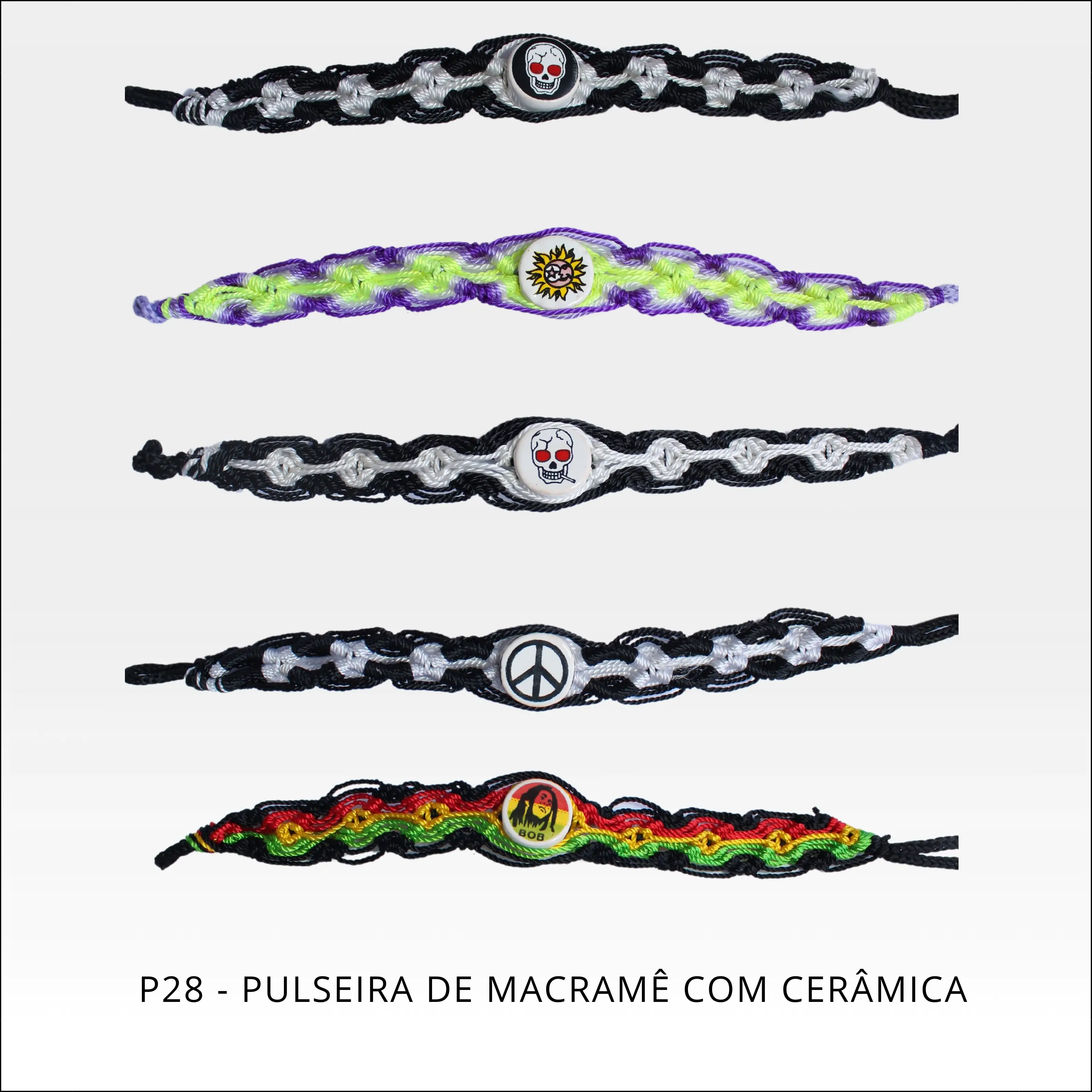 Pulseira de macramê com cerâmicas diversas