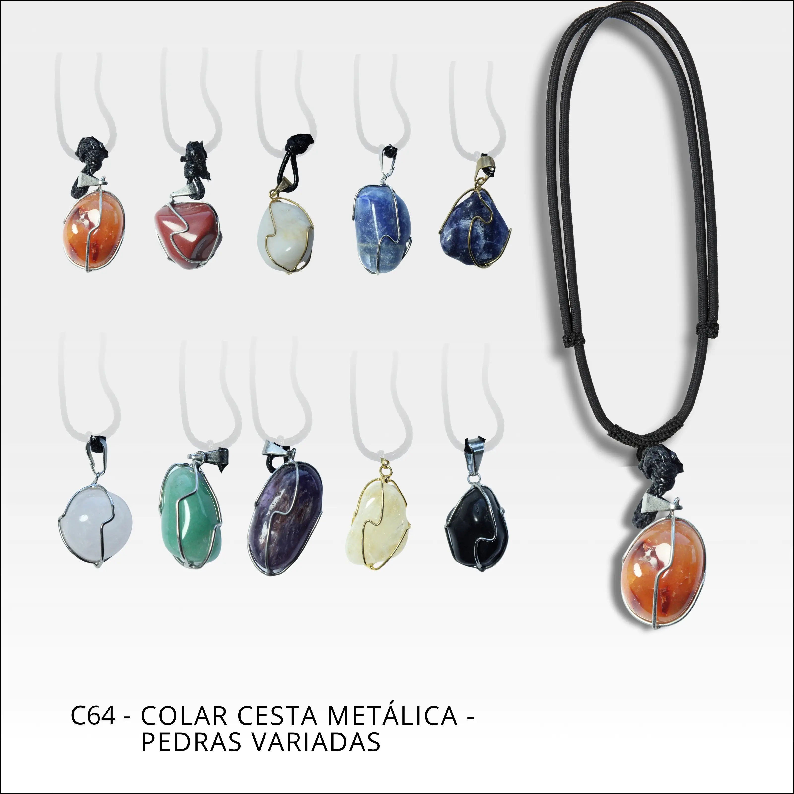 Colar cesta metálica pedras variadas