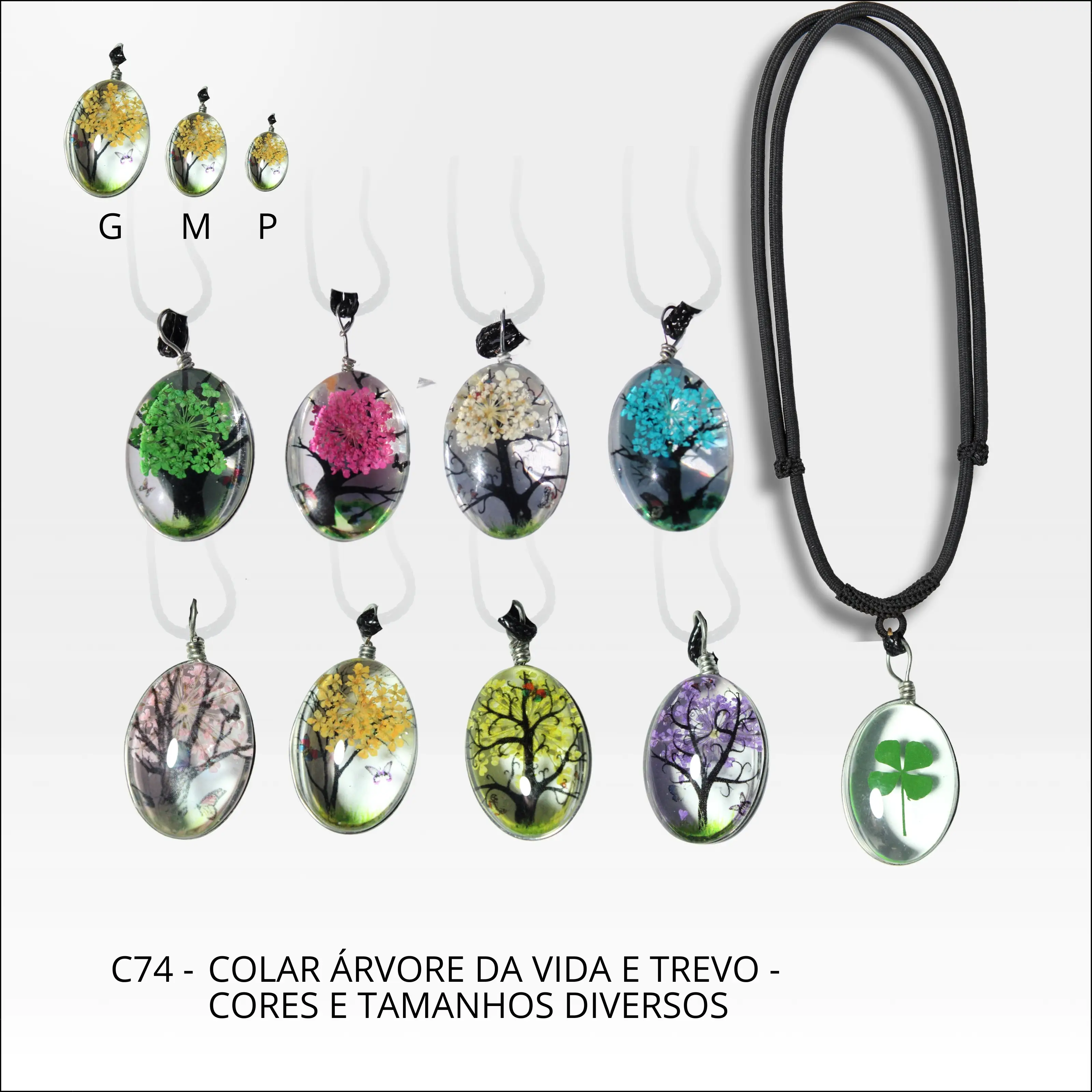 Colar árvore da vida e trevo cores e tamanhos variados